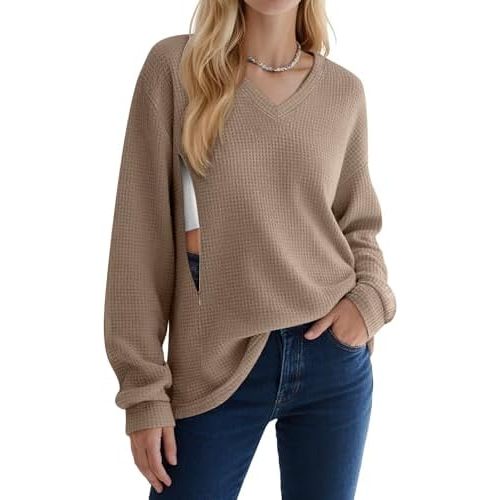 Women’s Waffle Knit Nursing Shirts, Long Sleeve Oversized Breastfeeding Tops Hidden Zipper V Neck Maternity Tops