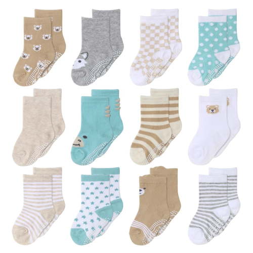 The Peanutshell Organic Baby Socks, Cotton Crew Socks for 3-12 Months, Grey Oatmeal Mint, 12 Pairs