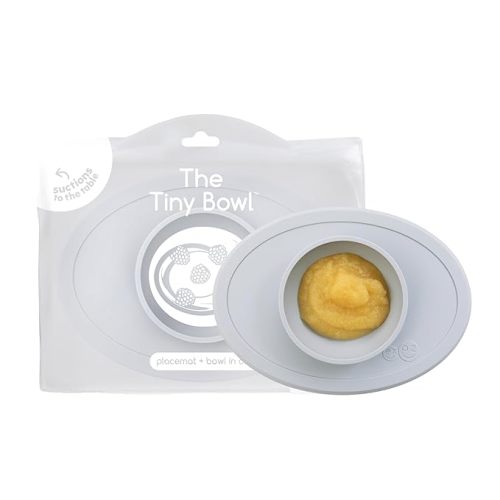 ezpz Tiny Bowl (Pewter) - 6 Months+ - 100% Silicone Suction Placemat + Bowl for Infants - Fits All Highchair Trays - Baby-Led Weaning Supplies