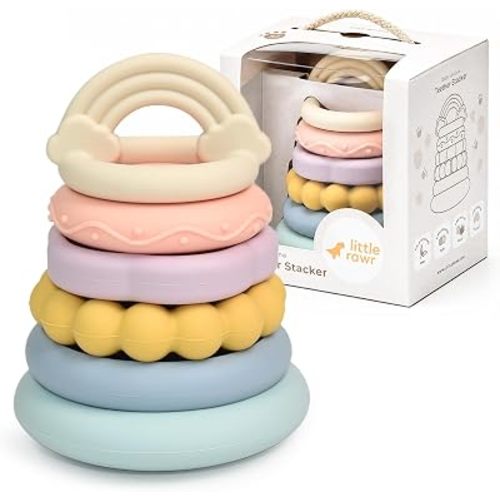 2-in-1 Silicone Baby Stacking Rings and Teething Toy, Rainbow