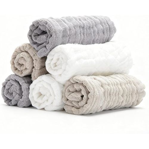 Organic Muslin Baby Washcloths 6 Pack Baby Bath Face Towel 12x12 Inch Extra Absorbent and Soft Burp Cloth and Wash Cloths for Newborn-Infants On Sensitive Skin (White Grey Brown)