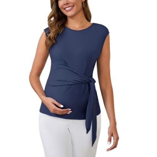 INSPIRE CHIC Women's Maternity Blouse Tie Front Belted Tunic Bowknot Tops Cap Sleeve Shirts Work Office Large Navy