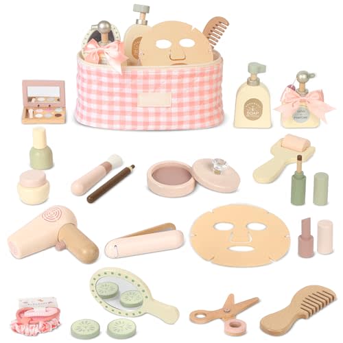 Pithfor Wooden Makeup Toy Set, Pretend Play Makeup Set for Kids Toddlers, Play Beauty Makeup Kit for Girls 3 4 5 6 7 Year Old