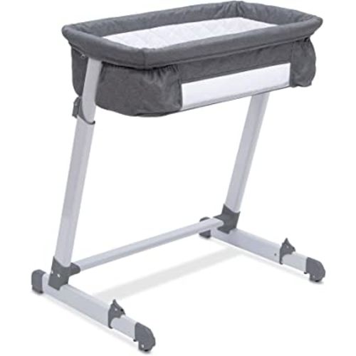 Simmons Kids By The Bed City Sleeper Bassinet - Adjustable Height Portable Crib with Wheels & Airflow Mesh, Grey Tweed