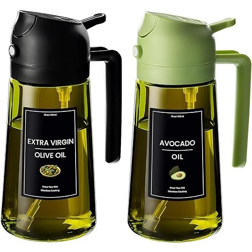 CXINYI - 16oz/470ml Olive Oil Dispenser for Kitchen with Stickers - 2 in 1 Olive Oil Sprayer for Cooking, Air Fryer, and Salad, Black&Green (Light-Proof Kitchen Gadget)