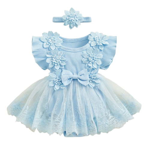 Wxirdiow Baby Clothes for Girls Baby Girl Summer Clothes Newborn Outfit Ruffle Romper Infant Baby Dress Bow Headband Cute Outfits Girls Blue Size,6-12 Months