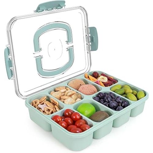 Snackle Box Container, 8-Compartment Divided Serving Tray with Lid and Handle, Dishwasher Safe & Leak-Proof, BPA-Free Wheat Straw Snack Tray for Travel, Picnic, Beach, Party
