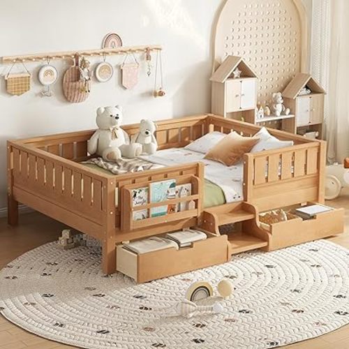 Bellemave Full Floor Bed with Stairs, Rails and Slats, Full Size Montessori Floor Bed with Bookshelf and 2 Storage Drawers, Easy Assemble Montessori Beds Frame for Girls, Boys, Deep Natural