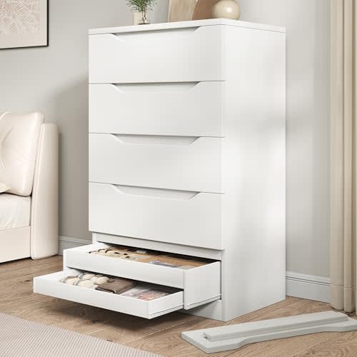 White Tall 5 Drawer Dresser for Bedroom with Hidden Storage Design, Large Wide Modern Closet Dressers & Chests of Drawers with Cut-Out Handles for Living Room - 27.6" L*15.8" W*45.3" H