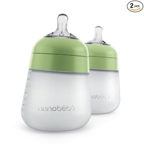 Nanobebe Flexy Silicone Baby Bottle, Anti-Colic, Natural Feel, Non-Collapsing Nipple, Non-Tip Stable Base, Easy to Clean 2-Pack, Sage, 9oz