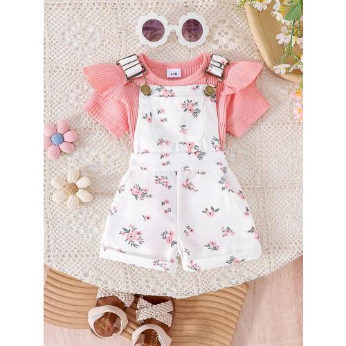 2pcs/Set Baby Girls Cute Short Sleeve Romper + Overalls Set, Lightweight Summer | SHEIN USA