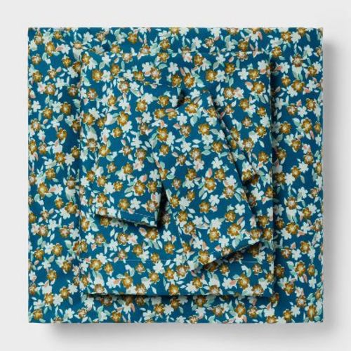 King Cotton Blend Sateen Sheet Set Navy Floral - Room Essentials™