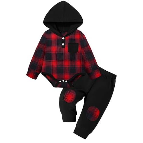 Fommy Baby Boy Clothes Flannel Plaid Outfits Long Sleeve Hoodie Romper Fall Winter 2 Pcs Clothes for Boy