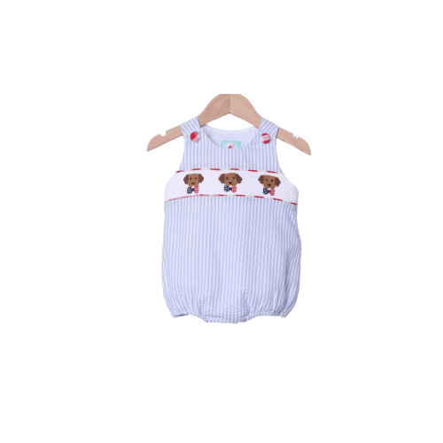Smocked Blue Seersucker Patriotic Pup Bubble