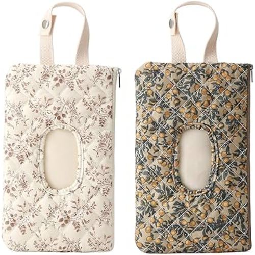 Quilted Baby Wipe Holder Floral Diaper Pouch Portable Quilted Wipes Bag for Travel Stroller Daily Casual (Beige+Green)