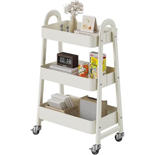 DUMOS 3 Tiers Metal Rolling Utility Cart with Lockable Wheels, Mobile Storage Organizer, Utility Shelving Unit for Kitchen, Office, Bathroom, Laundry, Narrow Places, White