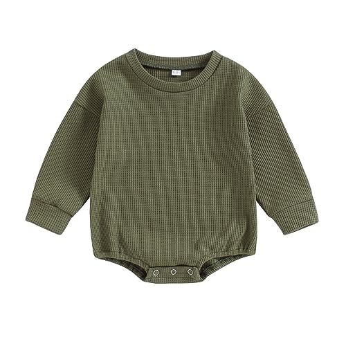 Baby Boy Girl Crewneck Sweatshirt Romper Waffle Knit Long Sleeve Bubble Romper Oversized Sweater Bodysuit Tops
