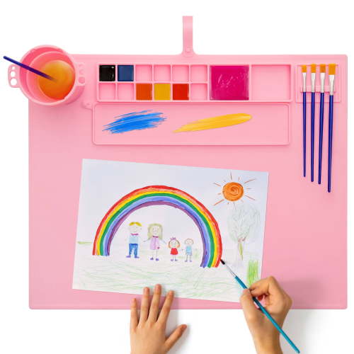 iArtker Silicone Painting Mat 20"×16" Silicone Craft Mat with Removable Water Cup and Reusable Dividers for Kids Art, Painting, Clay and DIY (Pink)