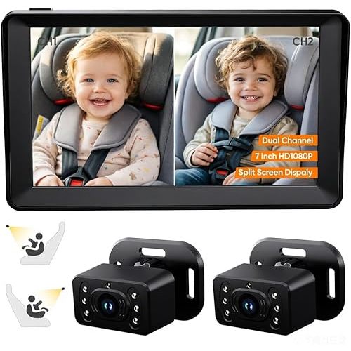 Kidsneed Split Screen Baby Car Camera for 2 Kids, 7 inch HD 1080P Car Baby Monitor with Dual Backseat Cameras, 150° Wide View, 360°Rotation, Night Vision, Rear-Facing Infant Car Seat Mirror