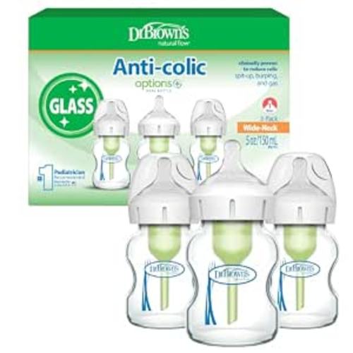 Dr. Brown's Anti-Colic Options+ Wide-Neck Glass Baby Bottle, 5 oz, 3-Pack