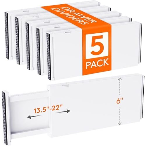 Lifewit 5 Pack 6" High Drawer Dividers 34-56cm/13.5-22" Adjustable Drawer Organizer for Clothes/Utensils, Expandable Drawer Separator in Dresser/Kitchen/Bedroom/Office Organization & Storage White