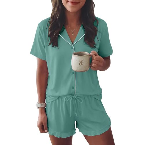 Ekouaer Womens Pajama Sets Button Down Short Sleeve Top and Shorts Cute Ruffled Pjs Sets Sleepwear
