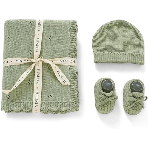 Organic Cotton Baby Blanket Knit Beanie Hat Booties Set Newborn Swaddle Receiving Blanket for Boy Girls