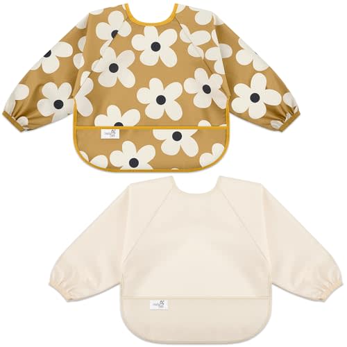 Long Sleeve Baby Bib, Waterproof Fabric, Catch-All Pocket, Baby Smock Bib, Adjustable Sleeves