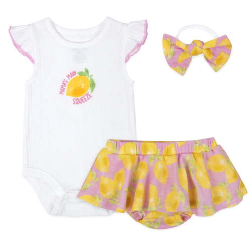 Baby Essentials 3 Months Infant Girls 3 Piece Bodysuit, Bloomers, Headband Hairbow Cotton Polyester Spring Summer Outfit in Yellow Lemon Pink