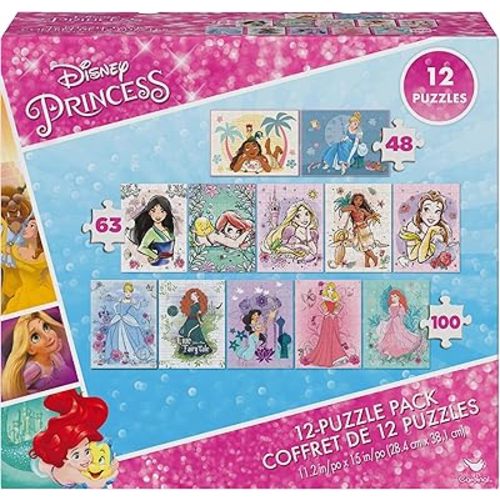 Spin Master Games, Disney Princess - Paquete de 12 rompecabezas de Moana, Ariel, Mulan, Cenicienta y más, con rompecabezas de Disney de 48 piezas, 63 piezas y 100 piezas para niños, para edades de 4