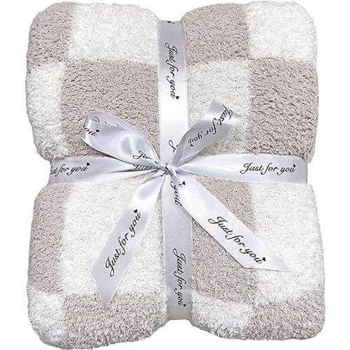 Ultra Soft Checkered Blanket Cream Cozy Buffalo Check Throw Fluffy Knitted Reversible Throw Blanket Lightweight Fleece Checkerboard Grid Blanket for Sofa Couch Bed Travel, Taupe/White, 51''x63''