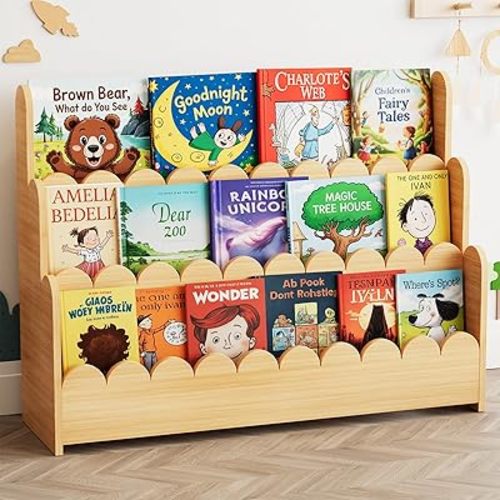 SpaceAid 3-Tier Scalloped Bookshelf, Montessori Bookcase for Toddlers, Wooden Book Shelf Organizer Display Furniture for Kids Rooms, Playroom, Nursery and Classroom, 36.7“ Wide, Natural