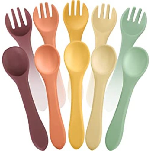 10 Pieces Baby Led Weaning Spoons and Forks Set Infant Silicone Spoon First Self Feed Baby training Utensils for Toddler First Stage Feeding Supplies for Kids Over 6 Months, 5 Pairs (Classic Colors)