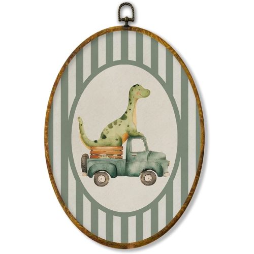 XPH Vintage Dinosaur Nursery Oval Wall Art Framed, Kids Oval Wall Decor Accents, Green Striped Dinosaur Racing Car Hanging Canvas Prints for Home Kids Boy Room Playroom Bedroom Decoration, 8.6x11.4 Inch
