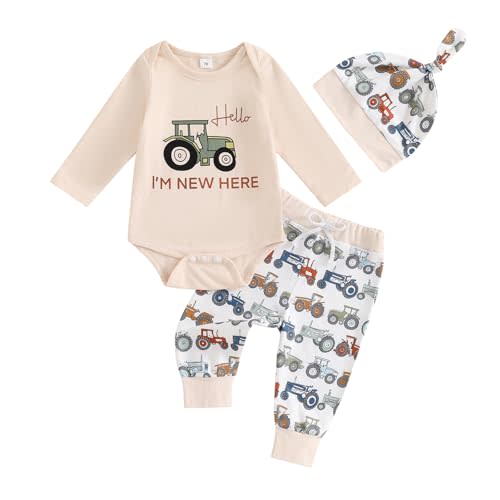 Fall Outfit Newborn Baby Boy Clothes Farm Tractor Long Sleeve Romper Bodysuit Pants Hat Set