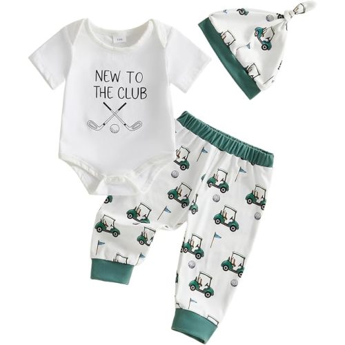 Rtnnsbbfcm Newborn Baby Boy Clothes Golf Romper + Pants + Hat 3 Piece Set | Baby Boy Golf Outfit New To The Club Long Sleeve Romper Golf Cart Pants and Hat 3Pcs Infant Clothes for Boys