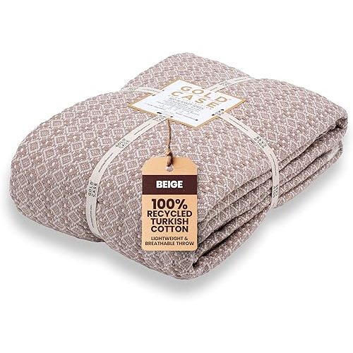 Gold Case Throw Blanket for Bed – 100% Recycled Turkish Cotton Bed Blanket – Decorative Throw Cotton Blankets for Living Room & Bedroom – Retro Beige Woven Queen Blankets – 90x90