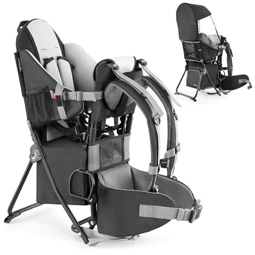 besrey Baby Backpack Carrier, Toddler Hiking Backpack with Safety 3-Height Seat, Adjustable Straps&Waist Belt, Foldable Frame Lightweight Large Capacity Child Carrier for Hiking (Black)