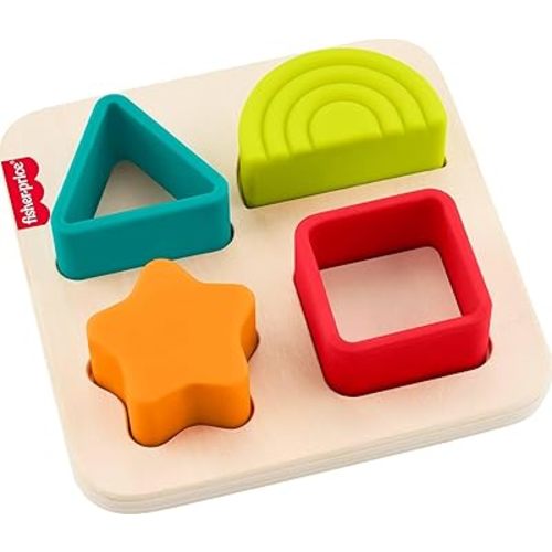 Fisher-Price Puzzle de bébé en bois avec pièces en silicone, Activité de tri des formes pour le jeu développemental des nourrissons de 6 mois et plus
