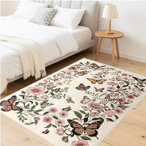 8×10 Area Rug for Living Room - 8×10 Washable Rug Boho Beige Floral Carpet for Dining Room Entrance Butterfly Mats Door Mat Indoor