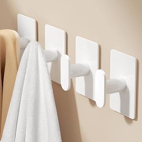pickpiff Adhesive Towel Hooks for Bathroom: 20LB Extra Strong Wall Hanger for Shower Kitchen RV Dorm Apartment, White 4 Pack
