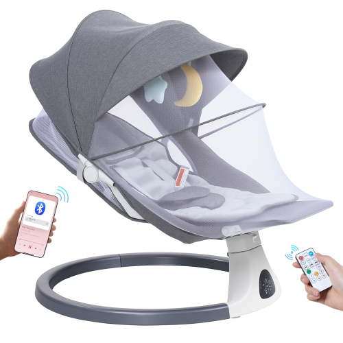 SACVON Portable Baby Swing, 5 Speed & Bluetooth Music, with Remote Control for Indoor Outdoor Use, for Infants 0-6 Months, Dark Gray