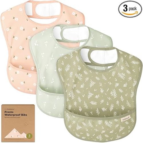 KeaBabies 3-Pack Waterproof Baby Bibs for Eating - Lightweight Toddler Feeding Bibs with Large Food Catcher, Mess Proof, Food-Grade Baby Eating Essentials, Easy to Put On & Clean (Bloom)