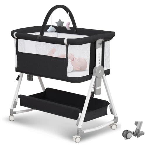 MEICHYUN Baby Bassinet,3 in 1 Bedside Bassinet for Baby with Hanging Toys | Portable Foldable Bedside Sleeper 4-Sided Mesh Bedside Crib with Wheels and Storage Basket, 7 Height Adjustable (Black)