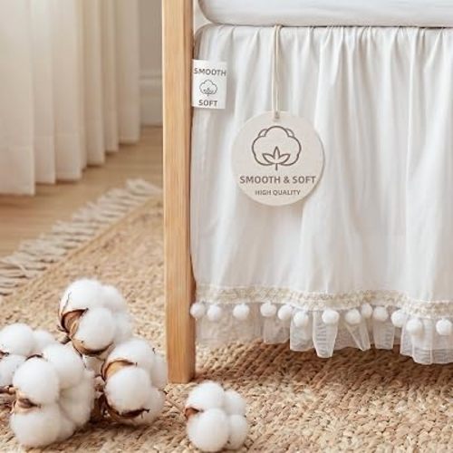 Baby Crib Skirt with Pompoms Pleated Dust Ruffle for Unisex Baby Boys or Girls Soft Breathable Nursery Crib Toddler Standard Bedding Skirt 28" x 52" with 14" Drop (White)
