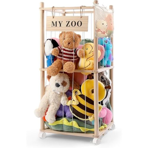 Stuffed Animal Storage Zoo with Wheels, Wooden Stuffed Animal Organizer with Elastic Cords, Space Saving Toy Plushies Storage Holder for Playroom, Bedroom, Living Room(Burlywood, Small)
