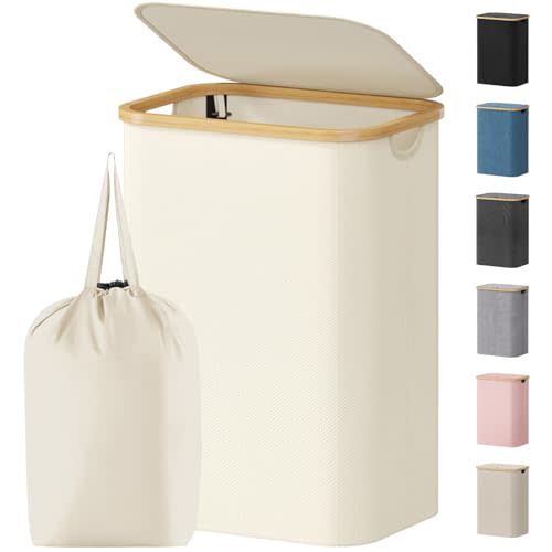 Lifewit 80L Laundry Basket with Lid, Clothes Hampers for Laundry with Bamboo Handles and 1 Removable Bag, Large Foldable Laundry Hamper for Bedroom, Bathroom, Dorm, Laundry Room, White