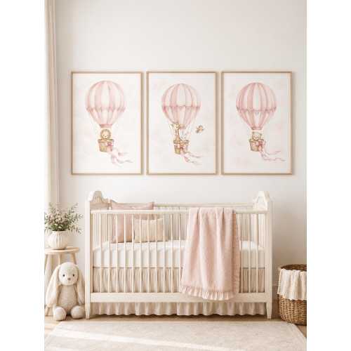 Blush Pink Hot Air Balloon Nursery Wall Art, Girl Nursery Prints Set of 3