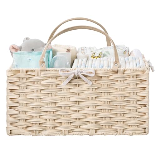 HBlife Large Diaper Caddy Organizer, Washable Waterproof, Portable Plastic Wicker Woven Basket with Divider, Nursery Diaper Station, Baby Shower Gifts Basket & Car Organizer