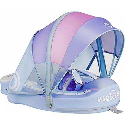Mambobaby Non-Inflatable Baby Pool Float with Tail and Canopy UPF 50+ Sun Protection No Flip Over Infant Swim Float Skin-Friendly Mambo Float Swim Trainer Solid Baby Swimming Ring (Rainbow Blue)